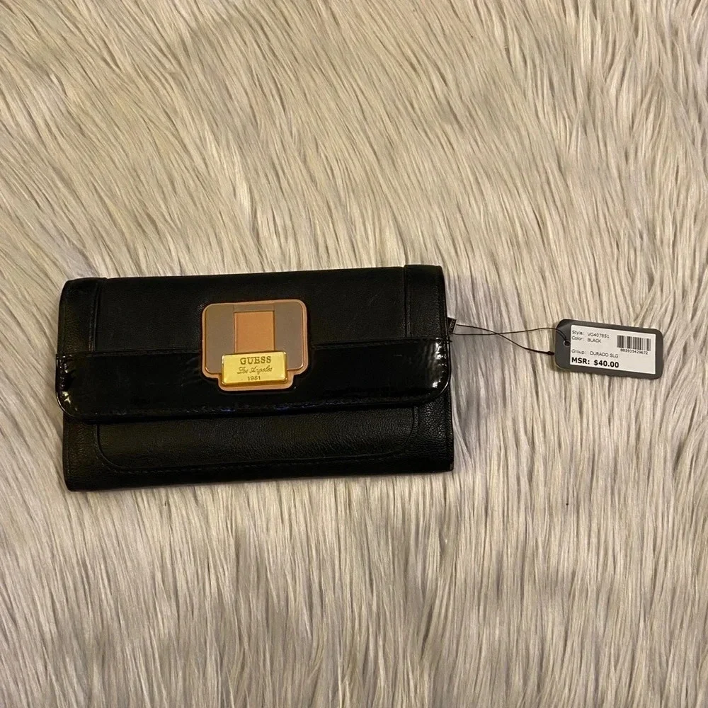 🆕 Guess Black with Tan Accent Buckle on Front Wallet